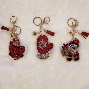 Christmas Festive Candy Cane Mitten Santa Red and Gold Keychain Set